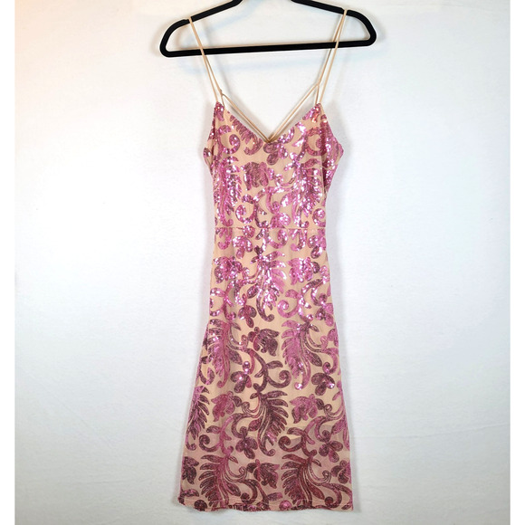 Bebe Women Sequin Open Back Sparkle Mesh Short Dress Size Medium Pink Y2k Barbie - Picture 1 of 14